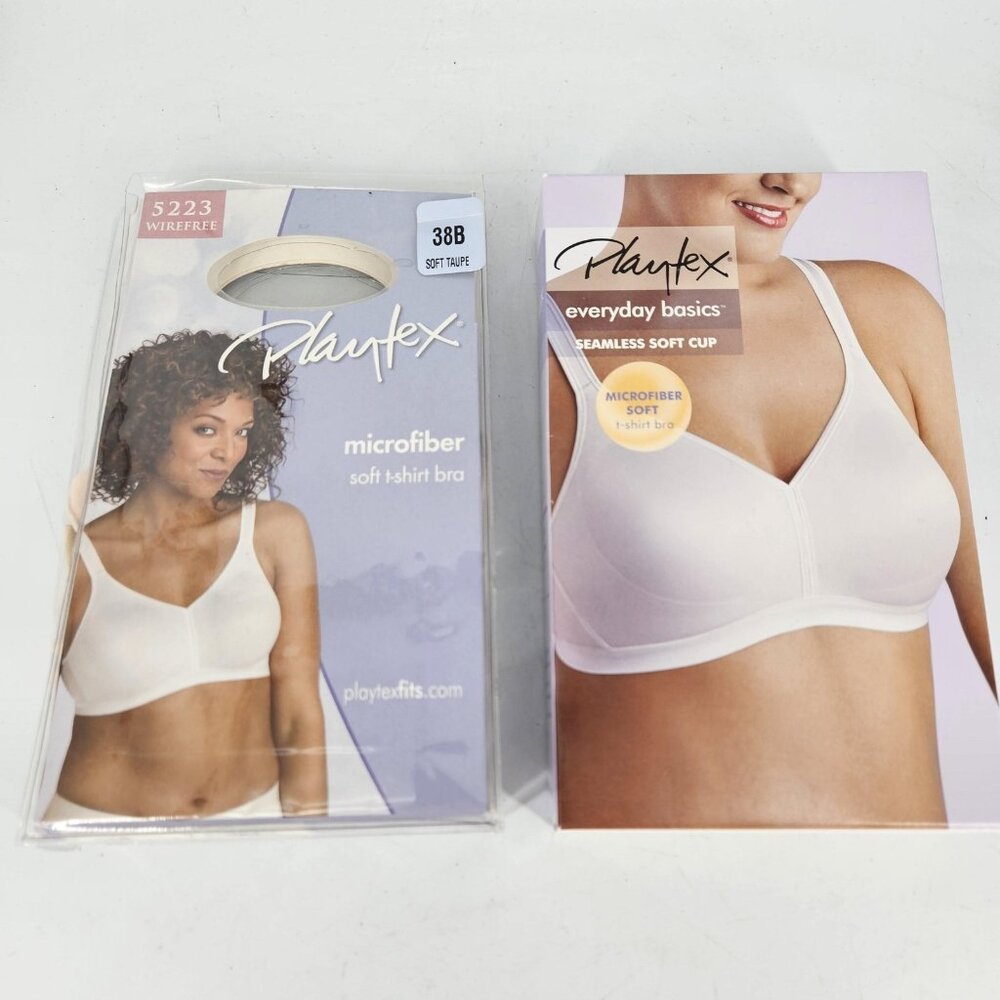 Playtex Bra Womens 38B Soft Taupe White Wire Free Seamless Soft Cup T-Shirt 2 Pc